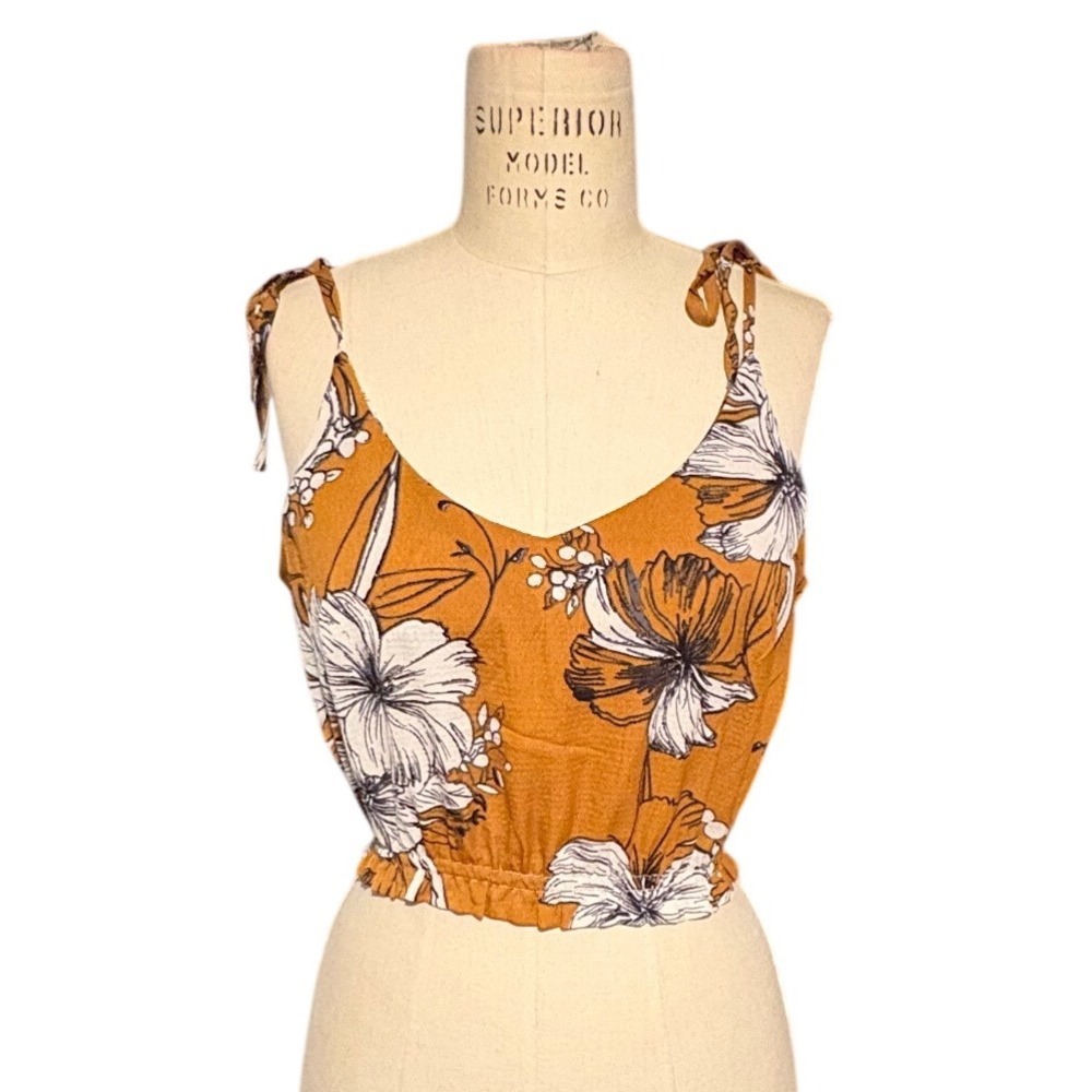 Boho Floral Crop Top Tie Strap Tank Brown White Smocked Summer Small